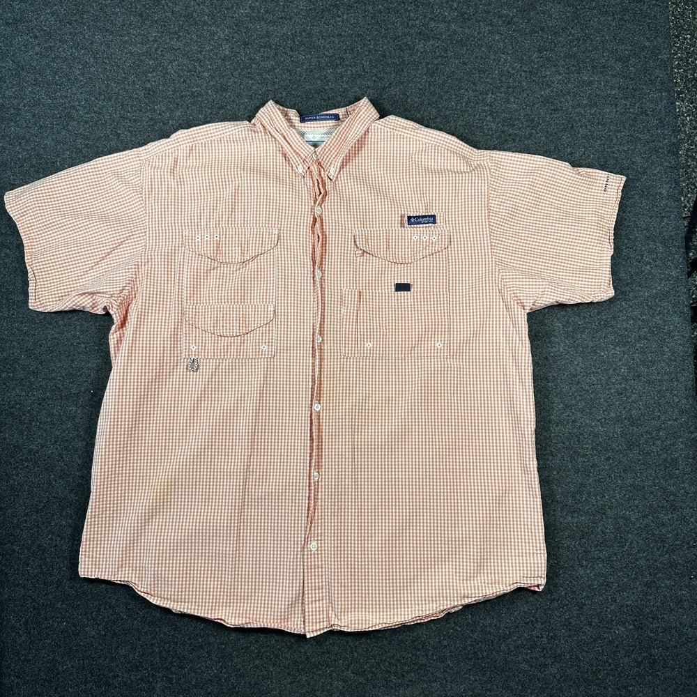 Columbia Bonehead Orange White Check 2XL Short Sleeve Button-Up Fishing Shirt - Picture 2 of 8